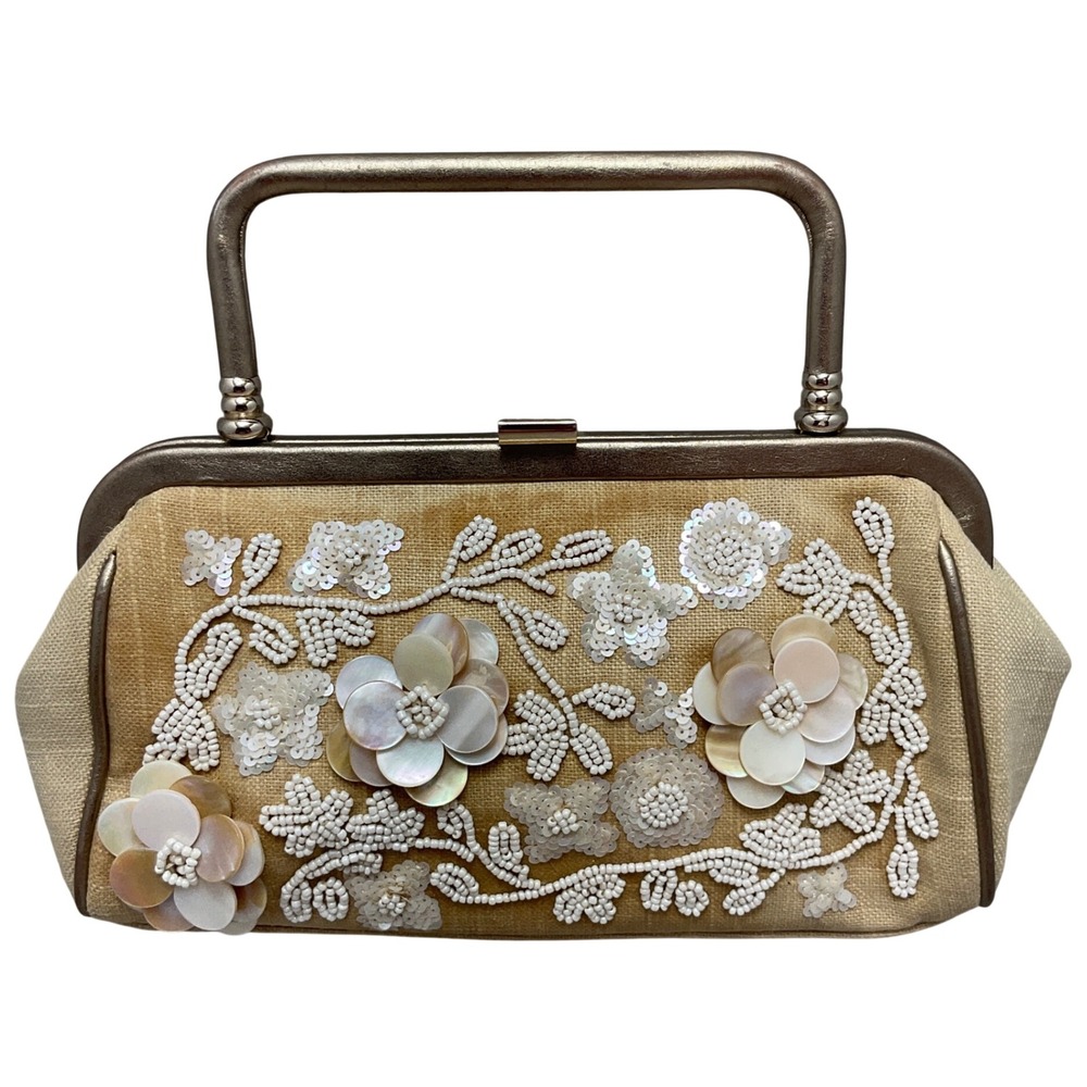 Vintage Ann Taylor Beaded Linen Evening Clutch Bag Mother of Pearl Flowers Y2K